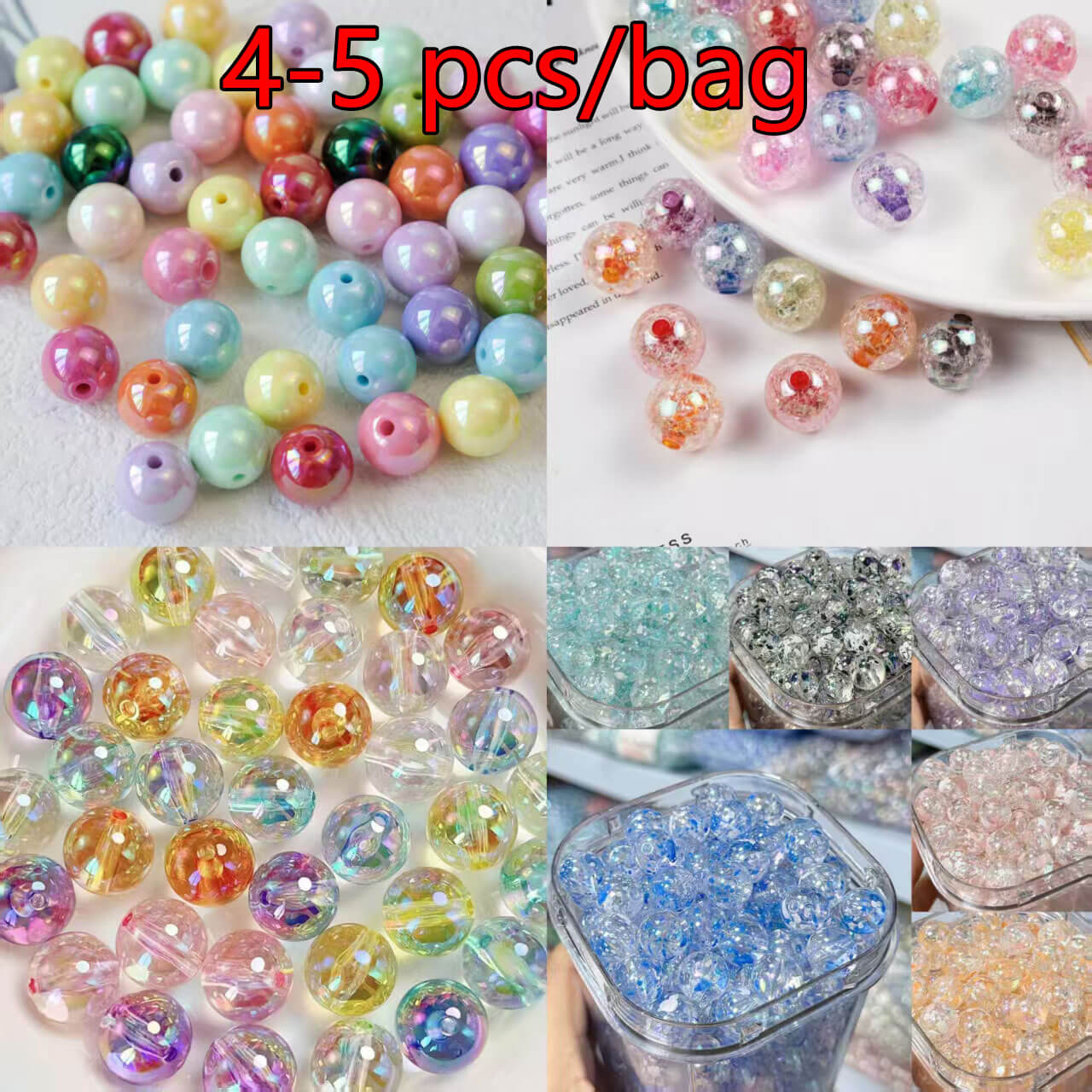 A44-UV Coated Beads/UV-Coated Multicolor Glitter Beads/Ink Splatter Beads/Crackle Beads Mixed Bags (9 Square Game)